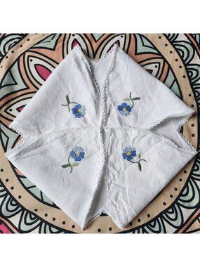 Embroidered Bread Warmer Basket Liner Blue Flowers Lace Edge